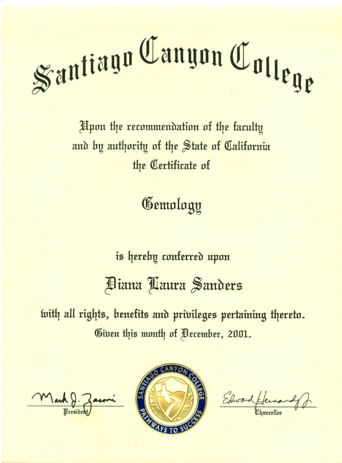Santiago Canyon College gemology certificate